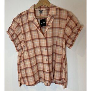 NWT Eddie Bauer Short Sleeve Packable Camp Shirt Apricot Peach Plaid L New
